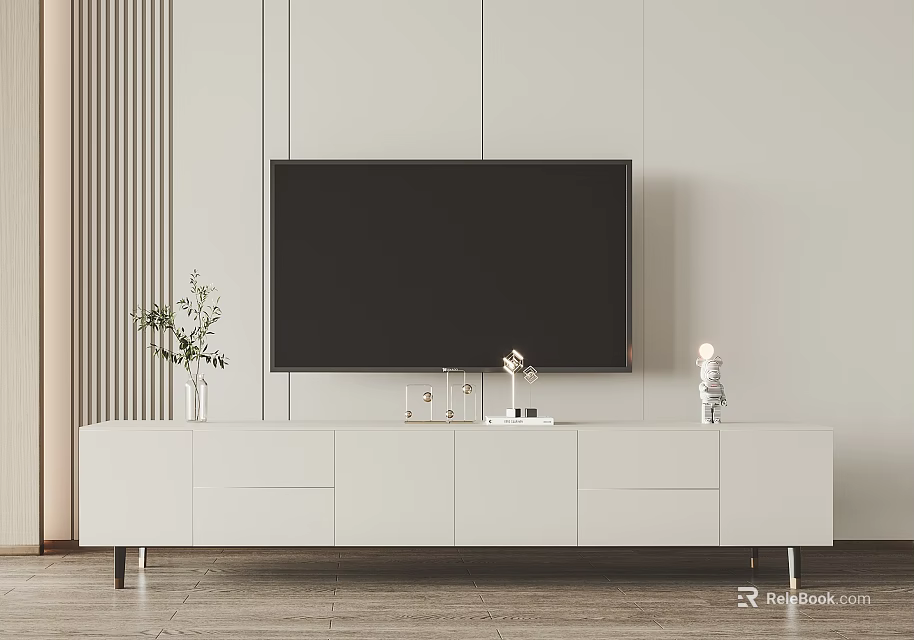 Modern White TV Stand With Mounted TV Storage Cabinets And Decorative Items 3d model 