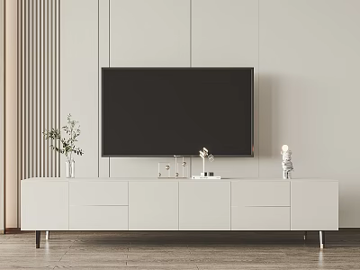 Modern White TV Stand With Mounted TV Storage Cabinets And Decorative Items 3d model
