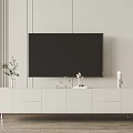 Modern White TV Stand With Mounted TV Storage Cabinets And Decorative Items