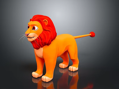 Cute 3D Cartoon Lion With Red Mane Orange Body Red Ball Tail Tip And Reflection 3d model
