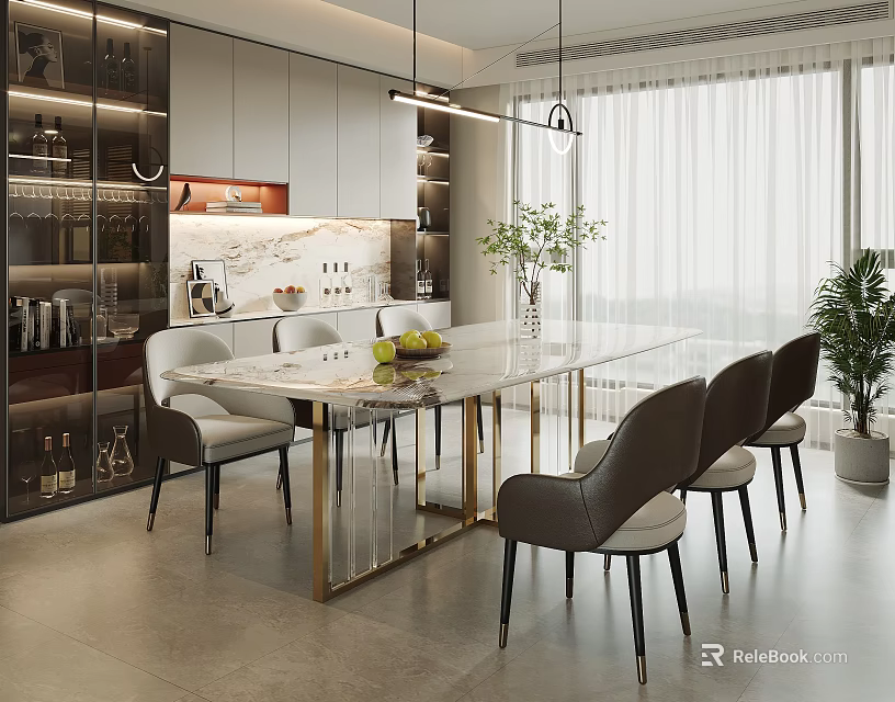 Modern Restaurant Interior Featuring Marble Dining Table Chairs Kitchen Area Wine Cabinet And Pendant Lights 3d model