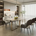 Modern Restaurant Interior Featuring Marble Dining Table Chairs Kitchen Area Wine Cabinet And Pendant Lights 3d model