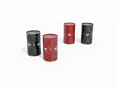 Four Black And Red Oil Drums With Oil Labels On White Surface 3d model