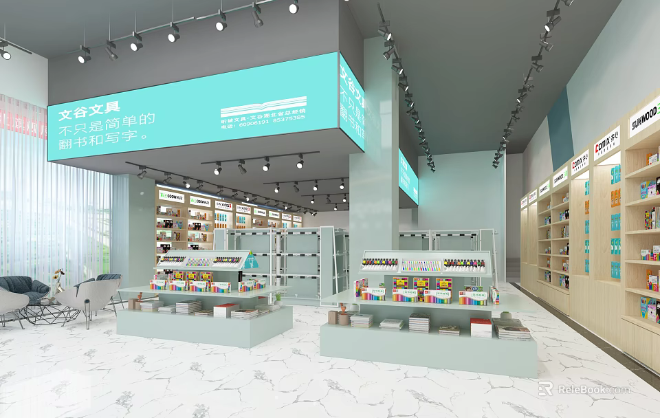 Modern Stationery Store Interior With Shelves Displayed Products And Bright Lighting 3d model 