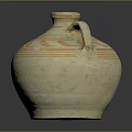 Artisanal Hand Carved Clay Vessel With Orange Painted Patterns And Decorative Handle