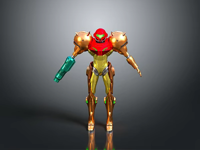 Sci Fi Character In Red Gold Armor With Green Mechanical Arm Design Details 3d model