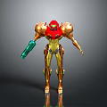 Sci Fi Character In Red Gold Armor With Green Mechanical Arm Design Details