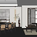 Chinese Style Private Dining Room Interior Design With Wooden Table Chairs And Traditional Decorations 3d model