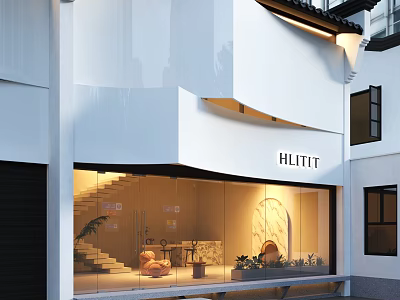 HLITT Elegant Modern Storefront With White Building Glass Facade And Lighting Design 3d model