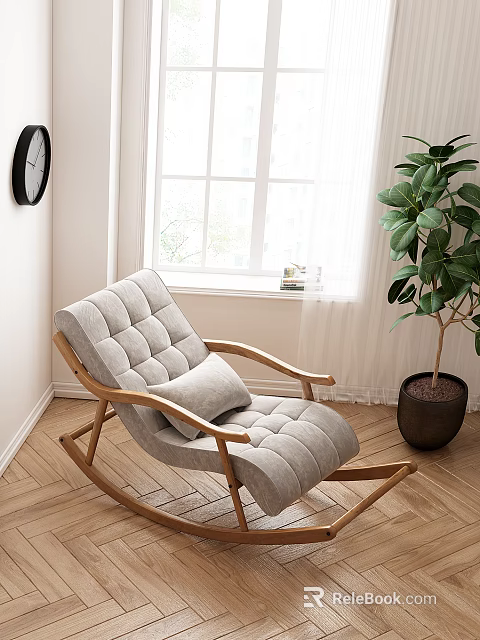 Cozy Rocking Lounge Chair With Gray Cushion Wooden Armrests Near Window Green Plant 3d model 