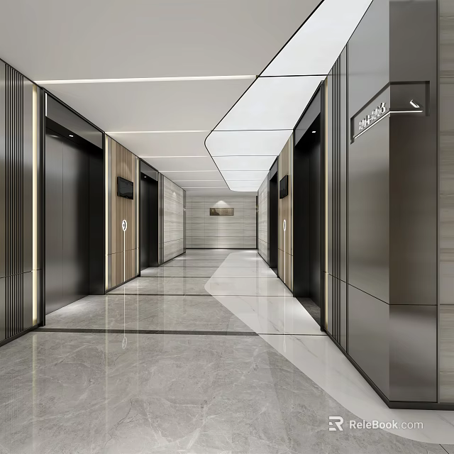 Modern Elevator Lobby With Sleek Flooring Wooden Panels And Ceiling Lighting 3d model 