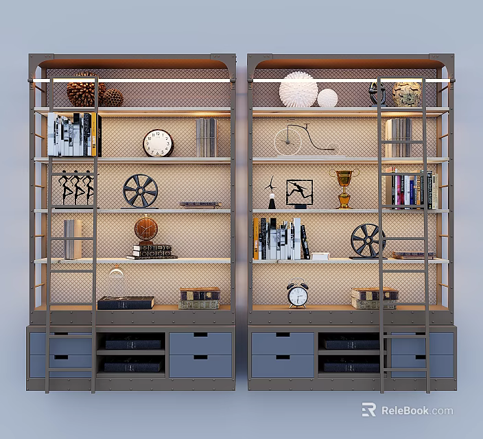 Modern Double Bookcase With Books Clock Globe Trophy Wheel Decor And Storage Drawers 3d model 