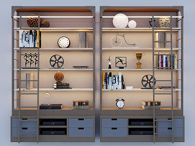 Modern Double Bookcase With Books Clock Globe Trophy Wheel Decor And Storage Drawers 3d model