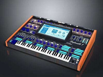 Professional Digital Synthesizer SYNTH-1 With Touchscreen Display Knobs Buttons Wooden Frame and Keyboard for Music Production 3d model