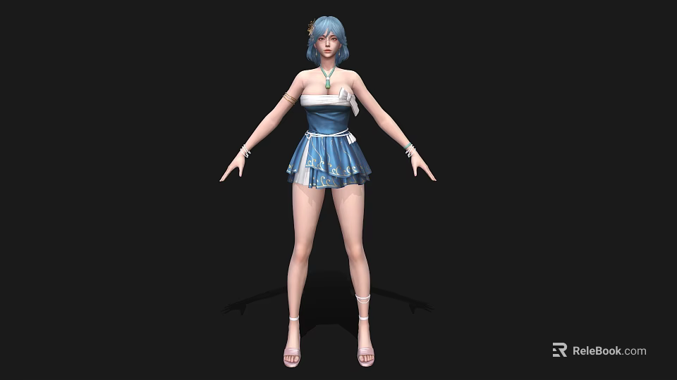 Woman with Blue Hair in Blue and White Dress Wearing Necklace Bracelets and Sandals 3d model 