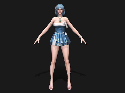 Woman with Blue Hair in Blue and White Dress Wearing Necklace Bracelets and Sandals 3d model