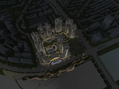 Aerial View Planning of Urban High Rise Buildings With Central Green Space And Waterfront 3d model