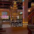 Modern Chinese Restaurant Interior With Neon Lights Wine Bottle Tower Tables Chairs And Green Plants
