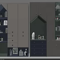 Modern Decorative Cabinet With White Grey And Blue Open Shelves Drawers Books And Ornaments