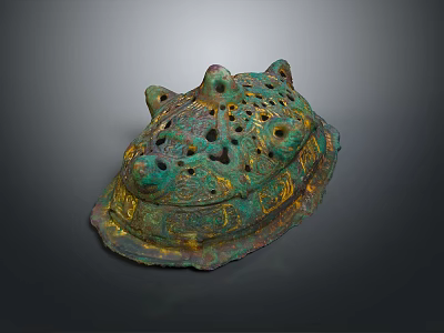 Ancient Bronze Turtle Shaped Artifact With Perforated Design And Gold Accents 3d model