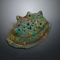 Ancient Bronze Turtle Shaped Artifact With Perforated Design And Gold Accents