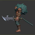Game Movie Fantasy Character With Green Blue Hair Spiked Arm Bands And Battle Axe