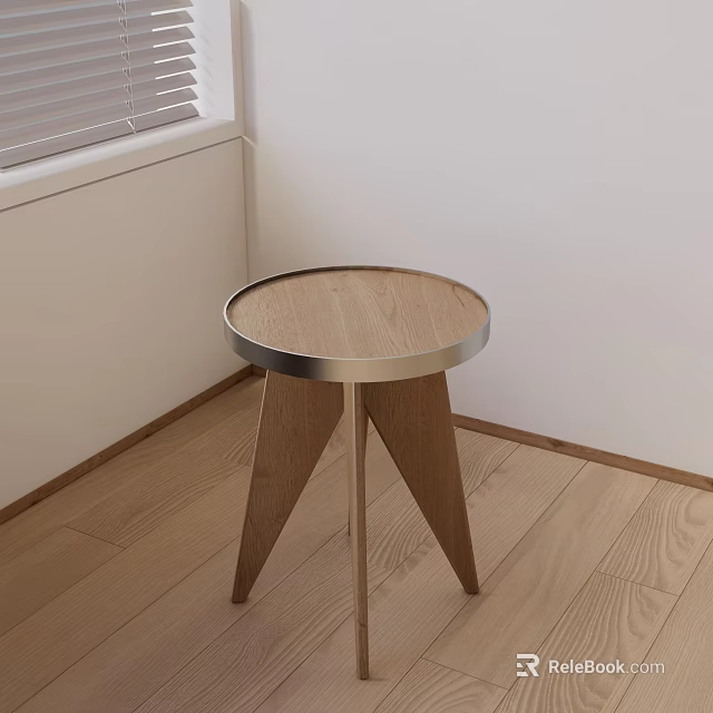 Modern Three Legged Side Table With Wooden Top And Metal Frame In Room Corner 3d model 