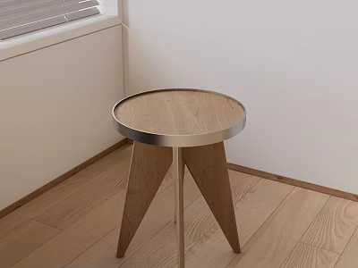 Modern Three Legged Side Table With Wooden Top And Metal Frame In Room Corner 3d model