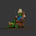 Green Dragon Reading Book On Brown Armchair With Side Table Lamp And Books