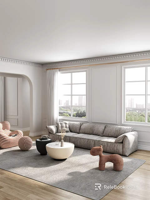 Modern Living Room With Gray Sofa White Coffee Table Set And Large Windows 3d model