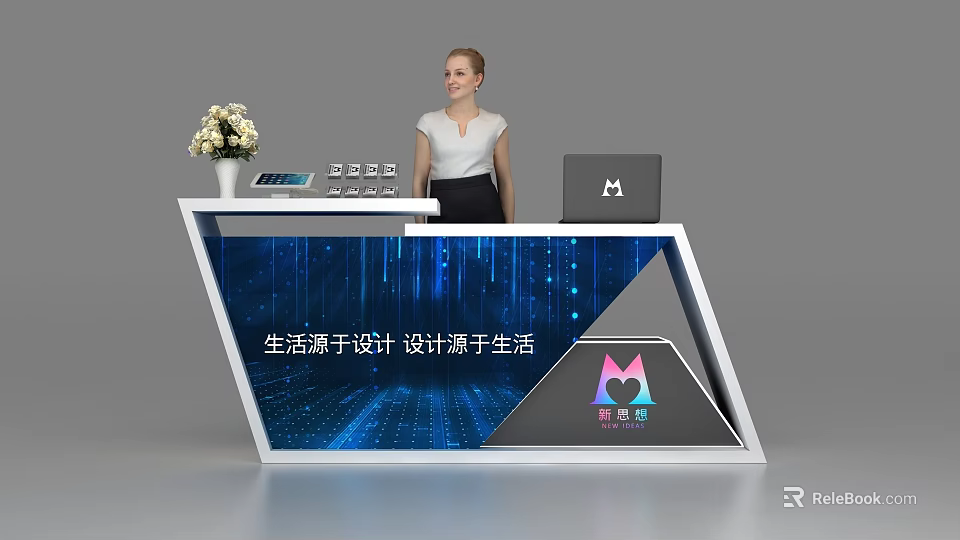 Modern Exhibition Reception Desk With Flower Vase Laptop Electronic Display And Staff Member Standing 3d model 