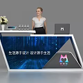 Modern Exhibition Reception Desk With Flower Vase Laptop Electronic Display And Staff Member Standing