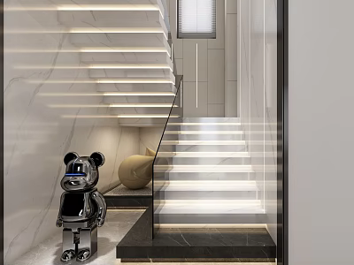 Modern Staircase Design With LED Lighting Glass Railing Marble Steps And Panda Sculpture 3d model