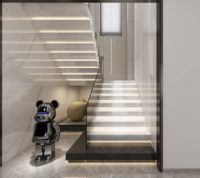 Modern Staircase Design With LED Lighting Glass Railing Marble Steps And Panda Sculpture 3d model