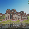 Luxury Detached Villa Featuring Brick Beige Exterior Gabled Roof Lush Lawn Purple Flowers Pond Reflection