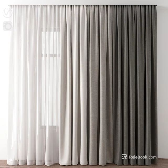 Modern Home Curtains With Sheer White And Gray Thick Fabric Window Treatment 3d model 