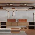 Modern Wooden Wardrobe Interior With Hanging Clothes Storage Boxes And Bench