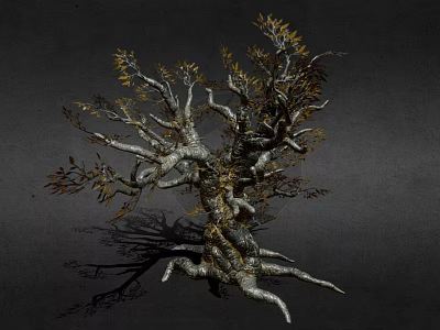 Deciduous Tree With Rough Bark Twisted Branches And Yellow Brown Leaves On Dark Background 3d model