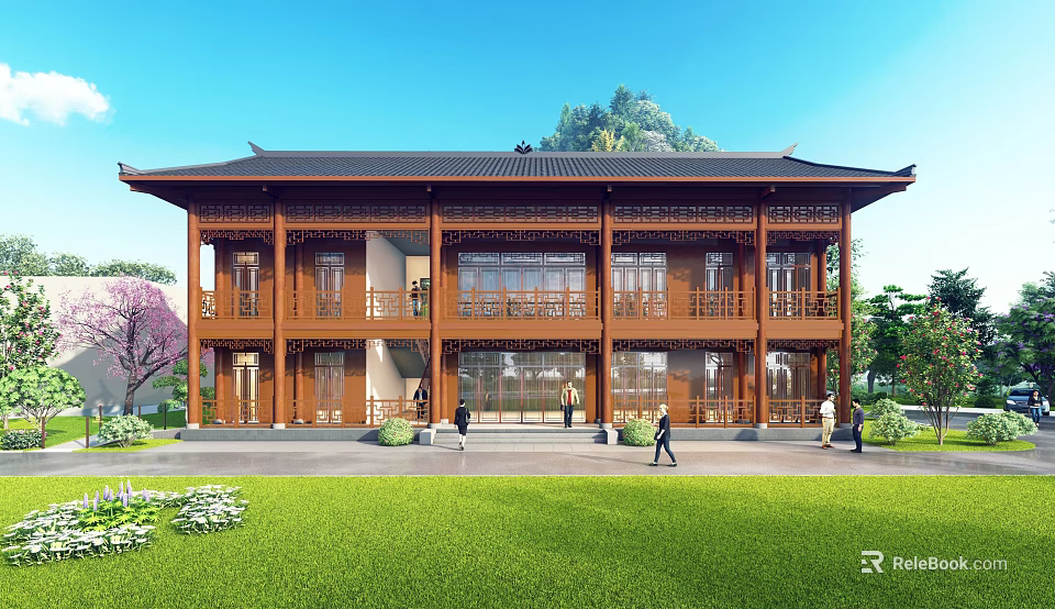 Traditional Chinese Ancient Architecture Wooden Structure With Overhanging Eaves Roof Green Lawn Trees And People 3d model 