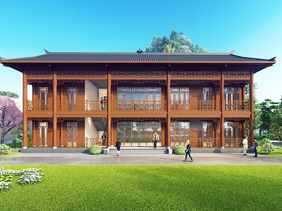 Traditional Chinese Ancient Architecture Wooden Structure With Overhanging Eaves Roof Green Lawn Trees And People 3d model