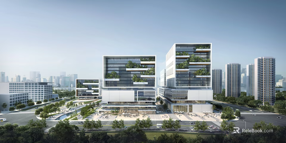 Modern Office Buildings With Glass Curtain Walls Vertical Greenery And Surrounding Trees 3d model 