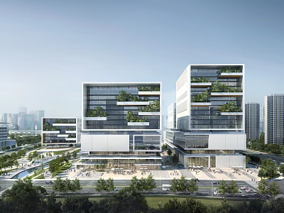 Modern Office Buildings With Glass Curtain Walls Vertical Greenery And Surrounding Trees 3d model