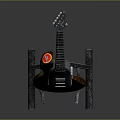 Stylish Guitar With Colorful Stickers On Brown Body And Black Stand