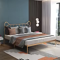 Modern Double Bed With Golden Headboard And Brown Gray Pillows In Blue Bedroom