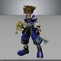 3D Render Of Anime Character With Brown Spiky Hair Blue Outfit Keyblade And Flame Patterns