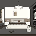 Modern Bedroom Interior With Comfortable Bed Chandelier Nightstands And Artwork