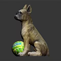 Sitting Boxer Dog Statue With MITRE Soccer Ball On Black Background