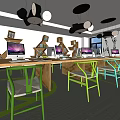 Open Public Office Area With Wooden Desks Green Blue Chairs Bookshelves And Black Pendant Lights