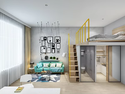 Modern Apartment Interior with Loft Bedroom Yellow Staircase Blue Sofa and Decorative Wall Frames 3d model