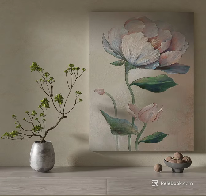 Interior Scene With Floral Painting Silver Vase Green Branches And Stone Bowl 3d model 